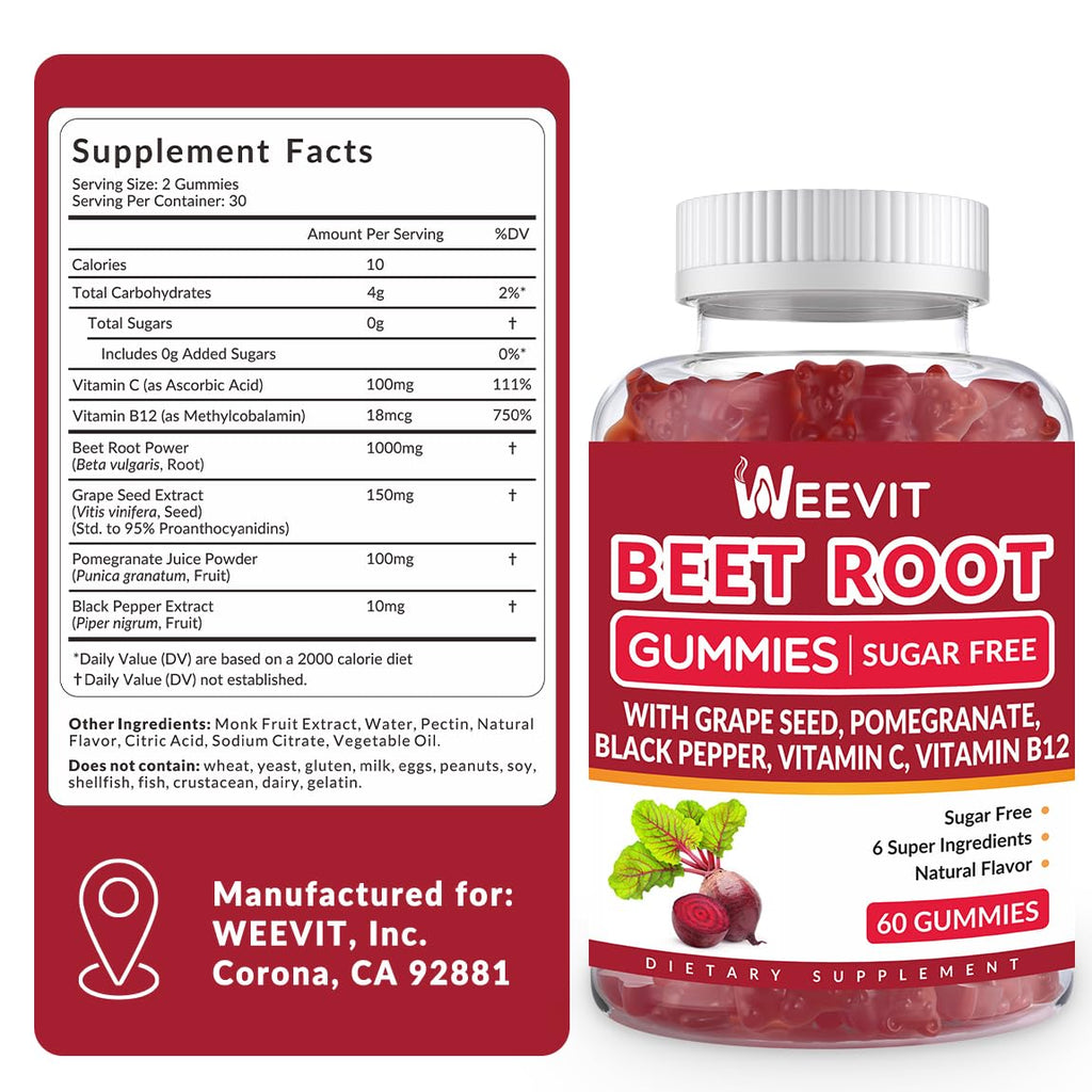 Rote-Bete-Gummibärchen, Stickoxid-Ergänzung für Männer und Frauen | Bio-Rote-Bete-Gummibärchen mit Traubenkern, Granatapfel, schwarzem Pfeffer, Vitamin C, B12