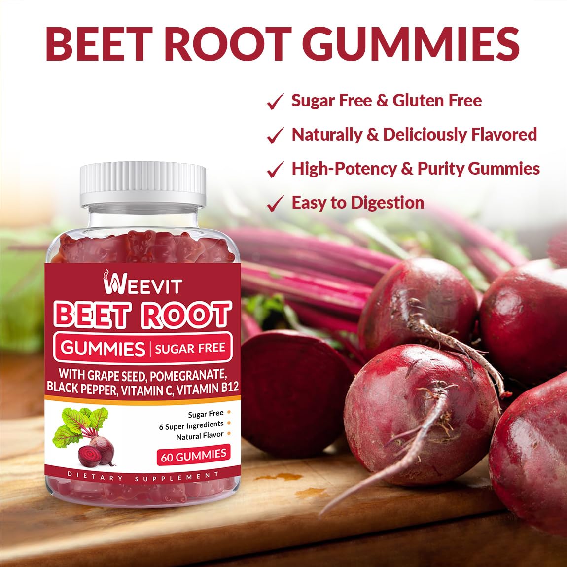 Rote-Bete-Gummibärchen, Stickoxid-Ergänzung für Männer und Frauen | Bio-Rote-Bete-Gummibärchen mit Traubenkern, Granatapfel, schwarzem Pfeffer, Vitamin C, B12