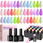 Beetles Gel Nail Polish Set – 28 Pcs Pastel Macaron Colors with Base/Top Coats & Charms