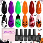 Beetles Gel Nail Polish Set Hocus Pocus – 6 Colors Orange Green Purple Black Red Glitter (UV/LED Cured)