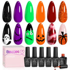 Beetles Gel Nail Polish Set Hocus Pocus – 6 Colors Orange Green Purple Black Red Glitter (UV/LED Cured)