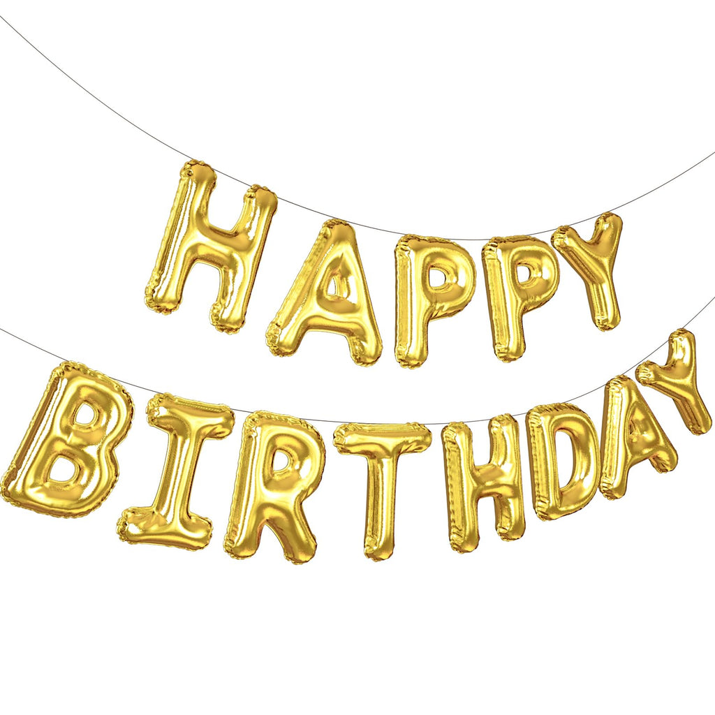 Beeyaky Happy Birthday Banner (3D Gold Mylar Foil) - 16-Inch Balloon Banner for Kids Parties