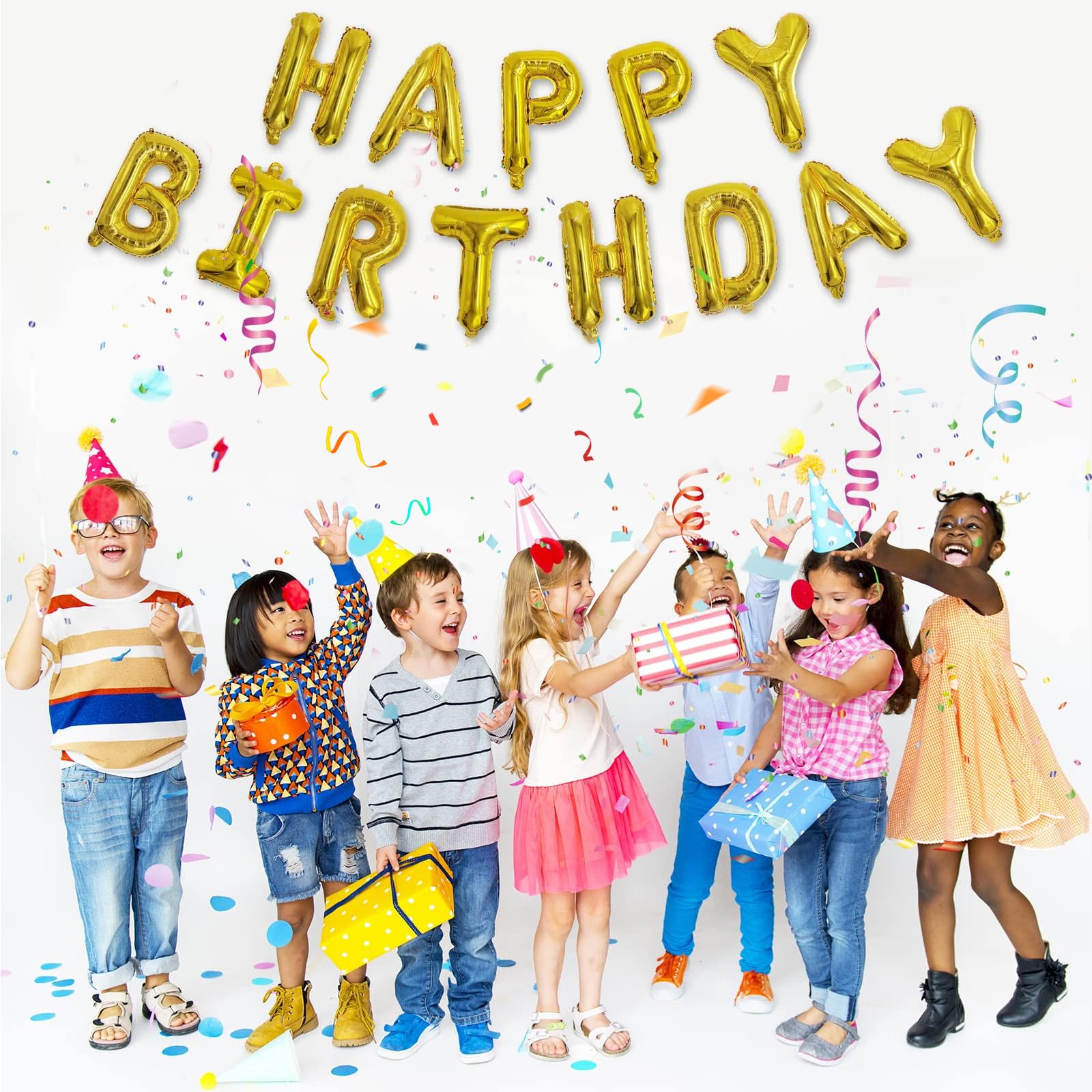 Beeyaky Happy Birthday Banner (3D Gold Mylar Foil) - 16-Inch Balloon Banner for Kids Parties