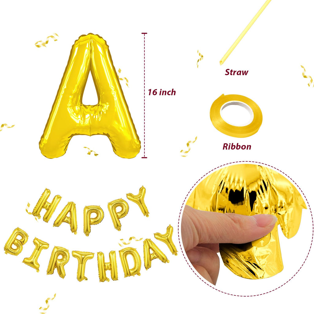 Beeyaky Happy Birthday Banner (3D Gold Mylar Foil) - 16-Inch Balloon Banner for Kids Parties