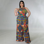 Women's Casual Halterneck Printed Jumpsuit With Belt Plus Size
