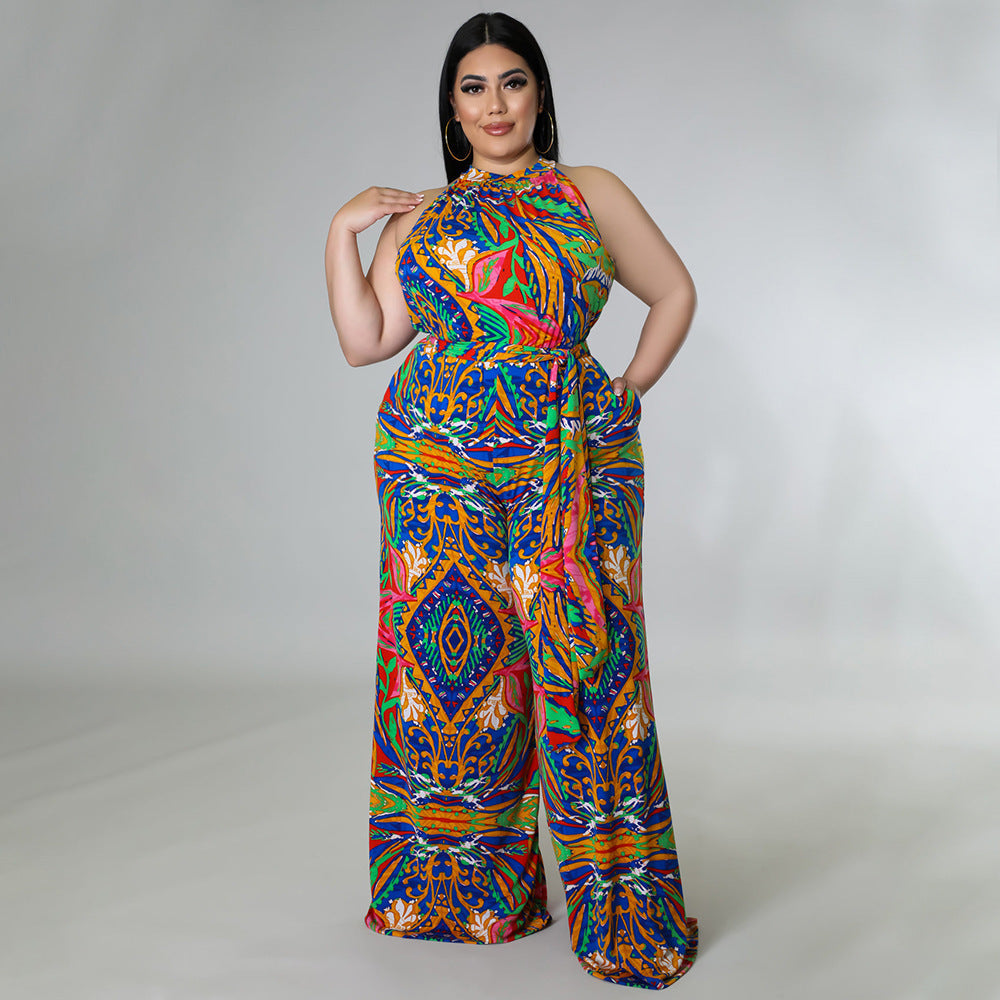 Women's Casual Halterneck Printed Jumpsuit With Belt Plus Size