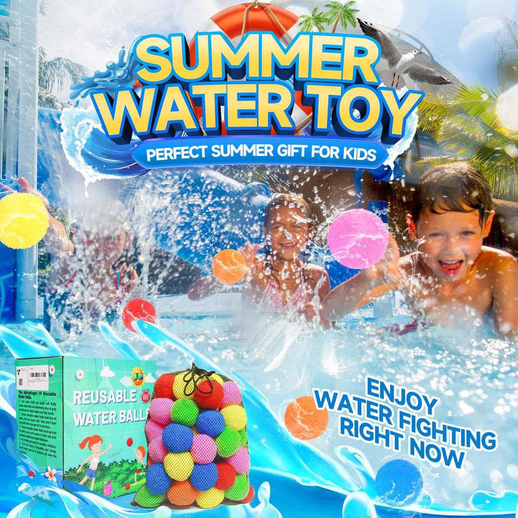 BEFANS 60 Pcs Reusable Water Balls – Colorful Water Balloons for Pool & Backyard Fun