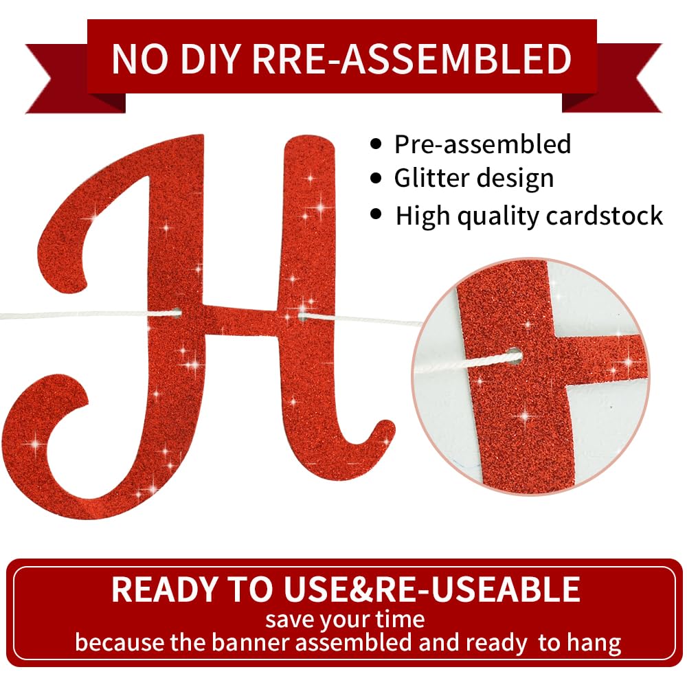 BEISHIDA Red Happy Birthday Banner – Pre-Strung Glitter Backdrop, 10ft, No DIY Decor
