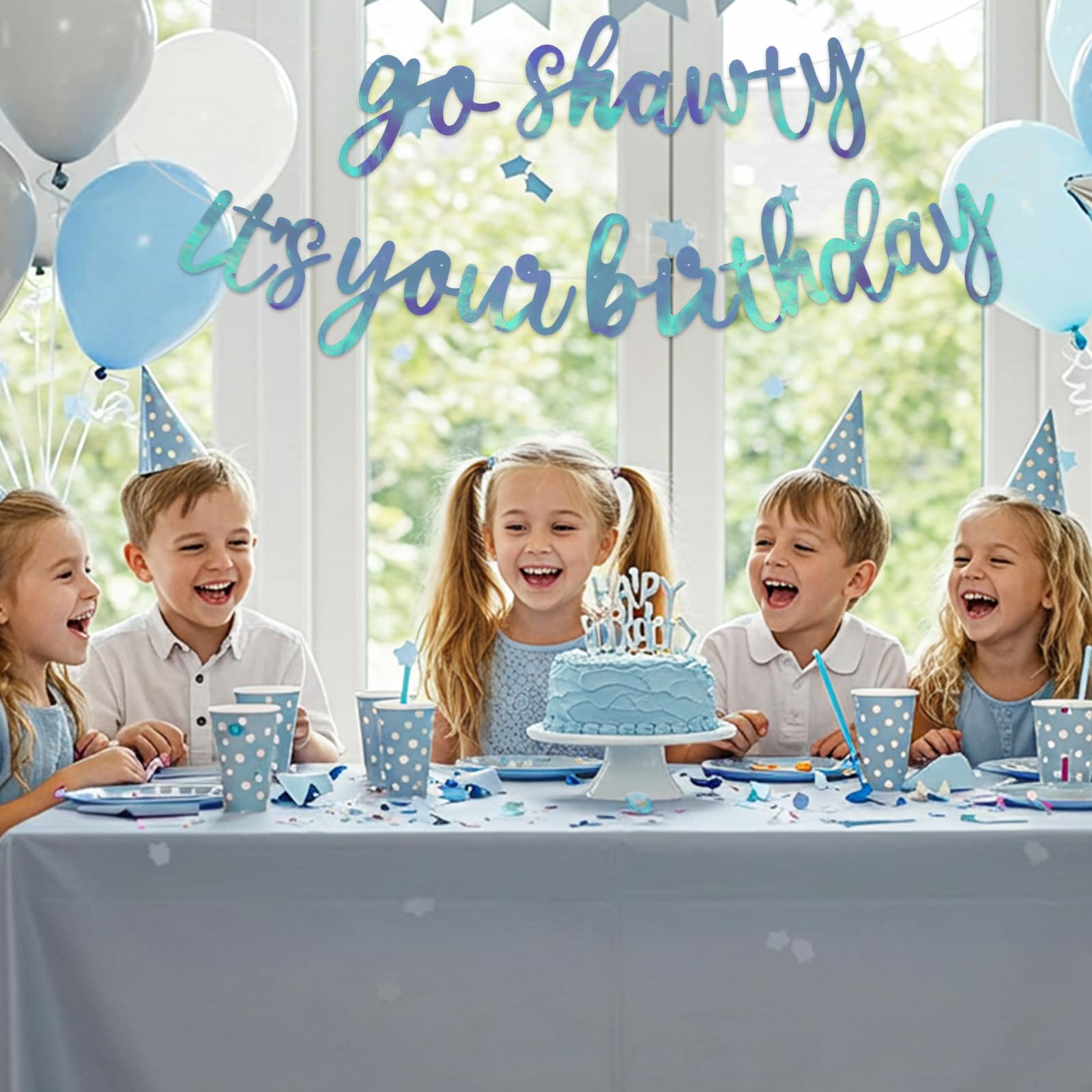 BEISHIDA Double-Sided Rainbow Blue Go Shawty It's Your Birthday Banner – 11.4 ft, Pre-String Glitter Party Sign