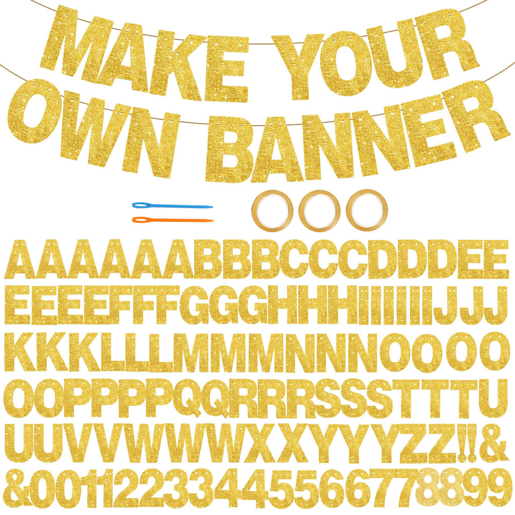BEISHIDA 116 PCS A-Z Glitter Gold DIY Letter Banner Kit — 111 Letters & Numbers, 3 Ropes, 2 Threading Devices