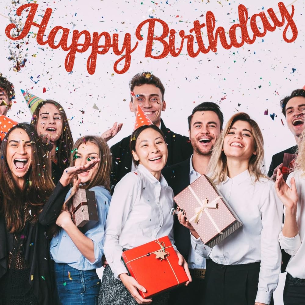 BEISHIDA Red Happy Birthday Banner – Pre-Strung Glitter Backdrop, 10ft, No DIY Decor