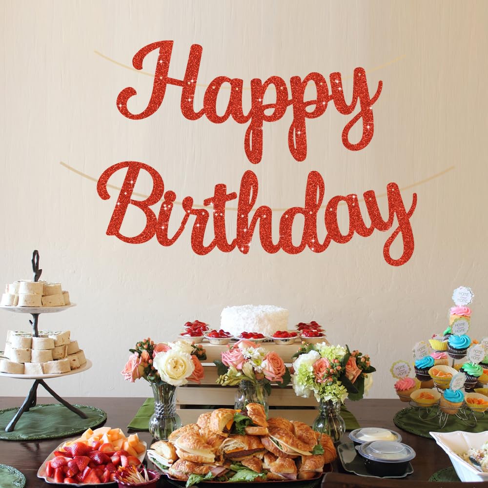 BEISHIDA Red Happy Birthday Banner – Pre-Strung Glitter Backdrop, 10ft, No DIY Decor