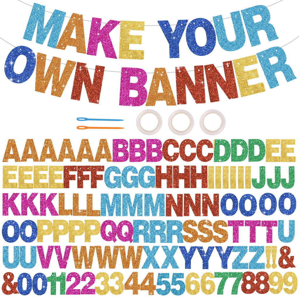 BEISHIDA 116 PCS A-Z Glitter Colorful DIY Letter Banner Kit – 111 Letters & Numbers, 3 Ropes, 2 Threading Devices