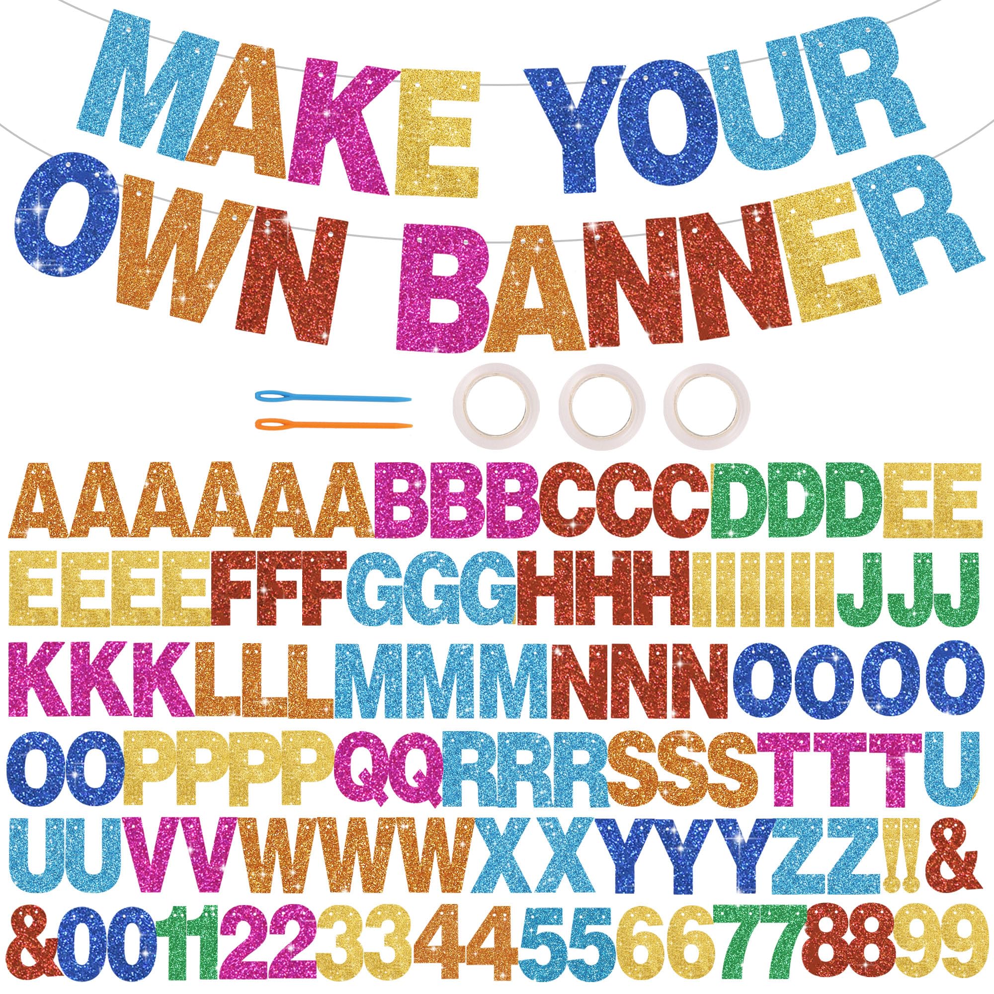 BEISHIDA 116 PCS A-Z Glitter Colorful DIY Letter Banner Kit – 111 Letters & Numbers, 3 Ropes, 2 Threading Devices