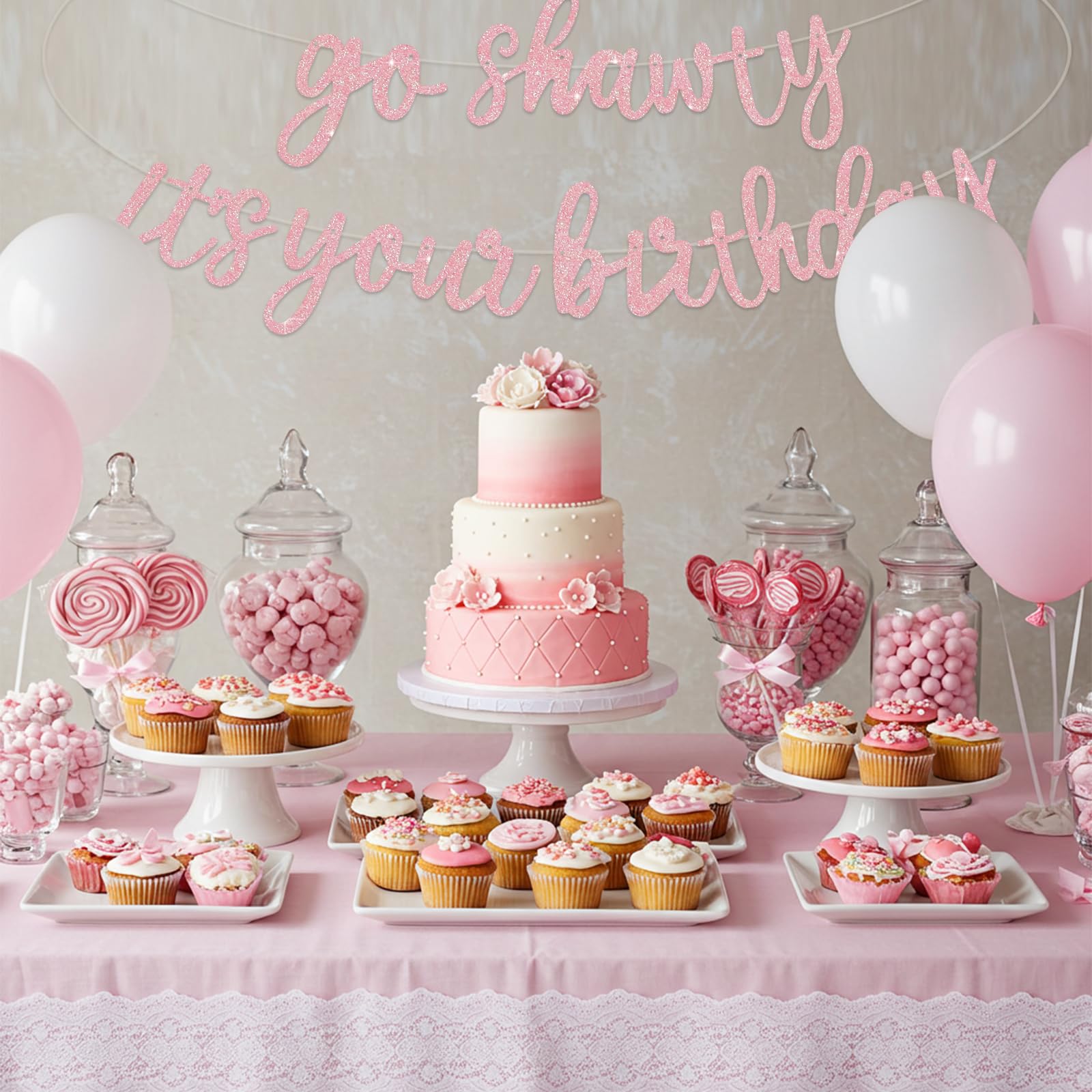 BEISHIDA Dark Pink Go Shawty Banner - Pre-Strung Glitter Birthday Sign 11.4ft