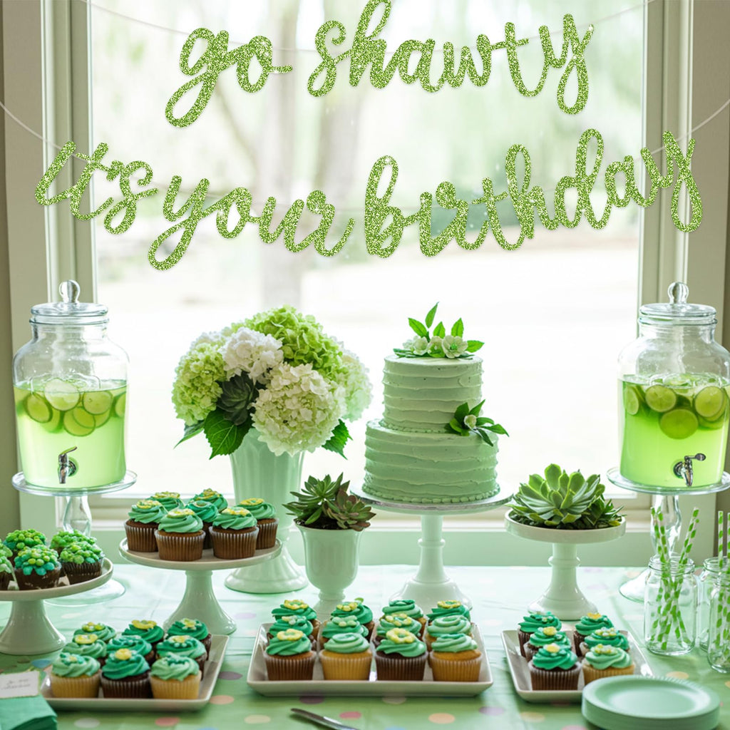 BEISHIDA Grass Green Go Shawty It's Your Birthday Banner – 11.4ft, Pre-Strung Glitter Party Sign