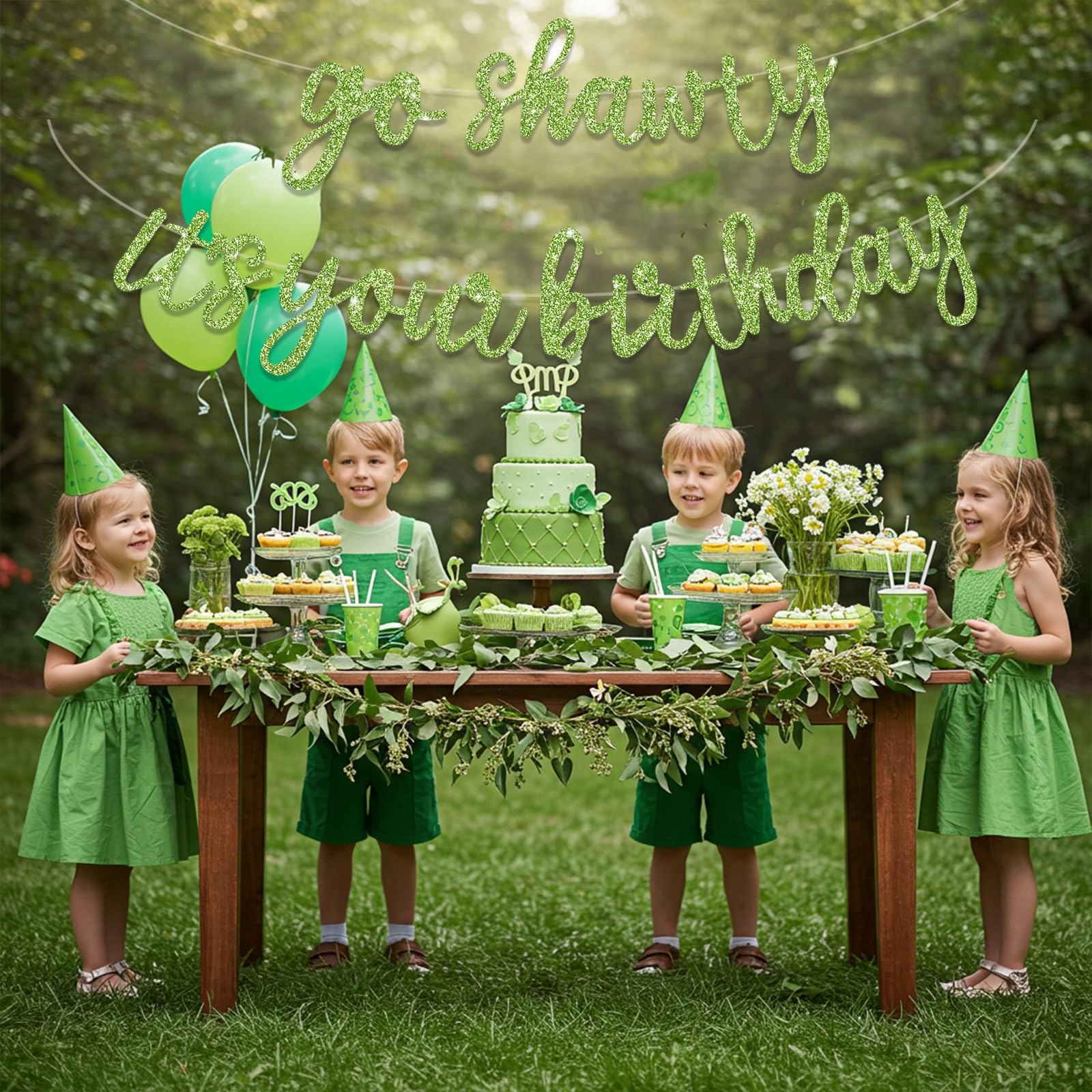 BEISHIDA Grass Green Go Shawty It's Your Birthday Banner – 11.4ft, Pre-Strung Glitter Party Sign