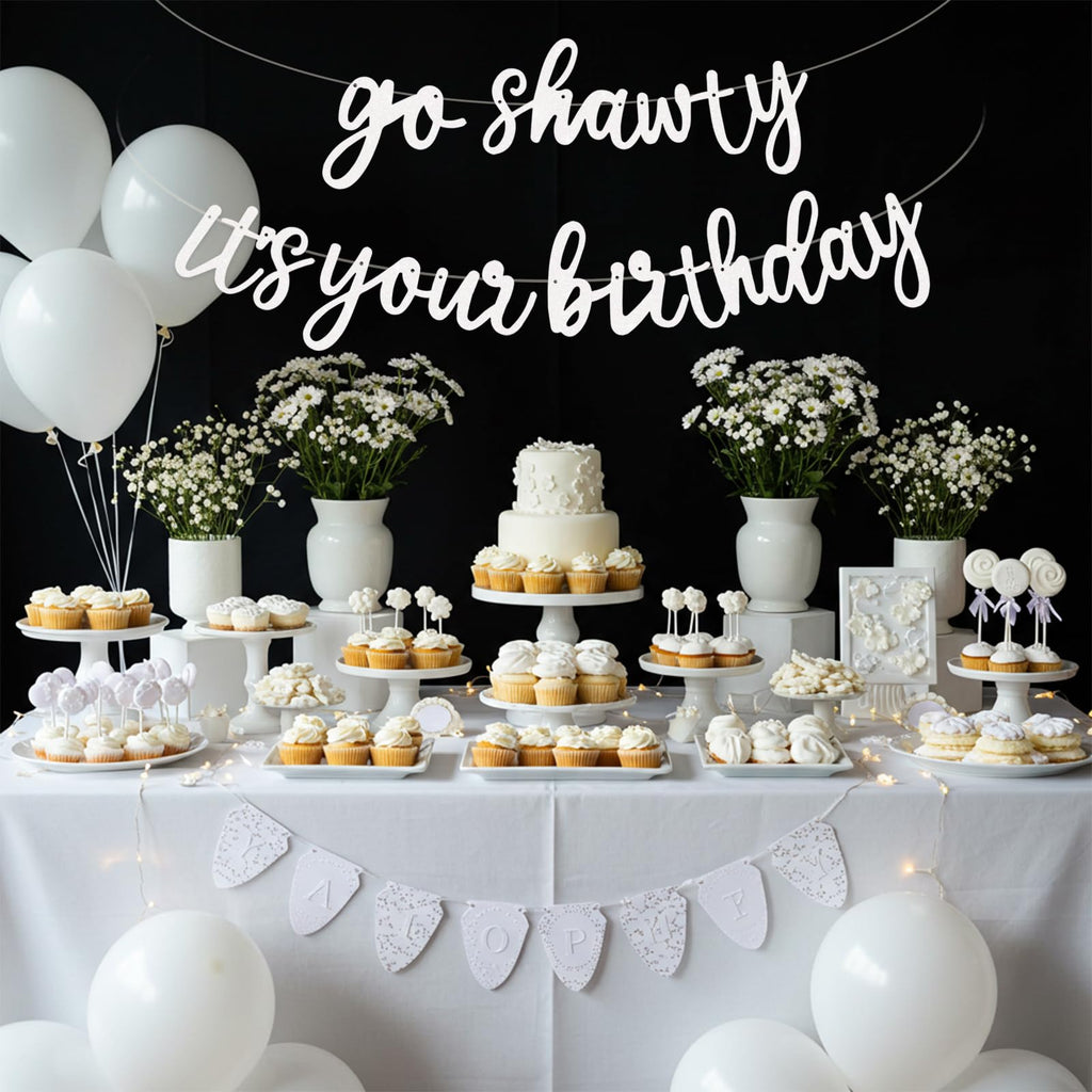 BEISHIDA Glitter White Go Shawty Birthday Banner – 11.4Ft Pre-Strung Hip Hop Theme