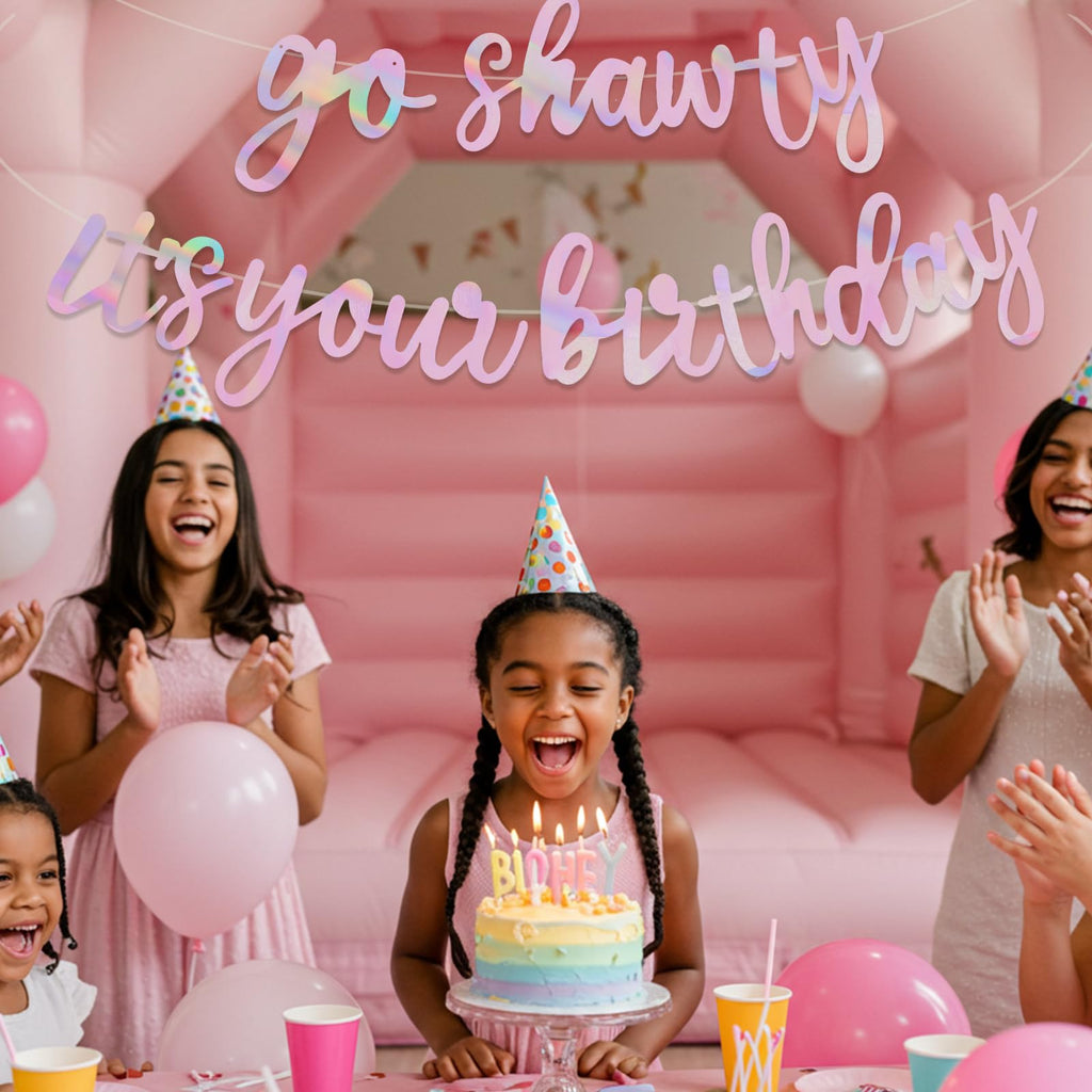 BEISHIDA Double-Sided Rainbow Birthday Banner 11.4ft – Pre-Strung Glitter Go Shawty It's Your Birthday Sign, Hip Hop Theme Party Decor