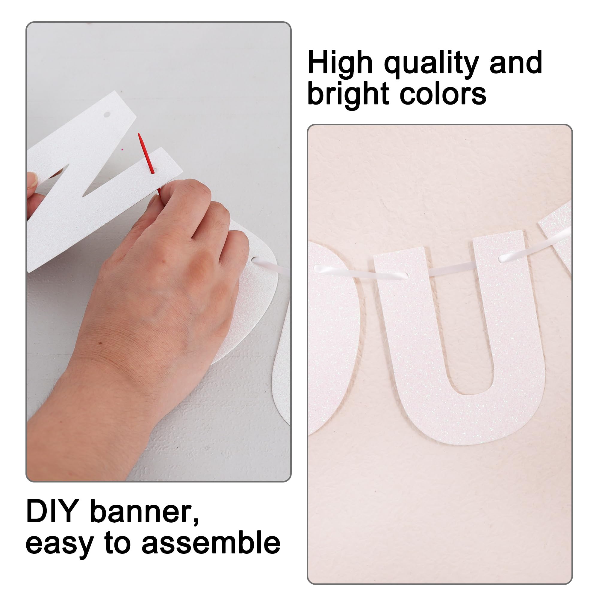 BEISHIDA 116 PCS Glitter Color White DIY Letter Banner Kit – 111 Letters & 3 Ropes for Birthday, Wedding, Graduation