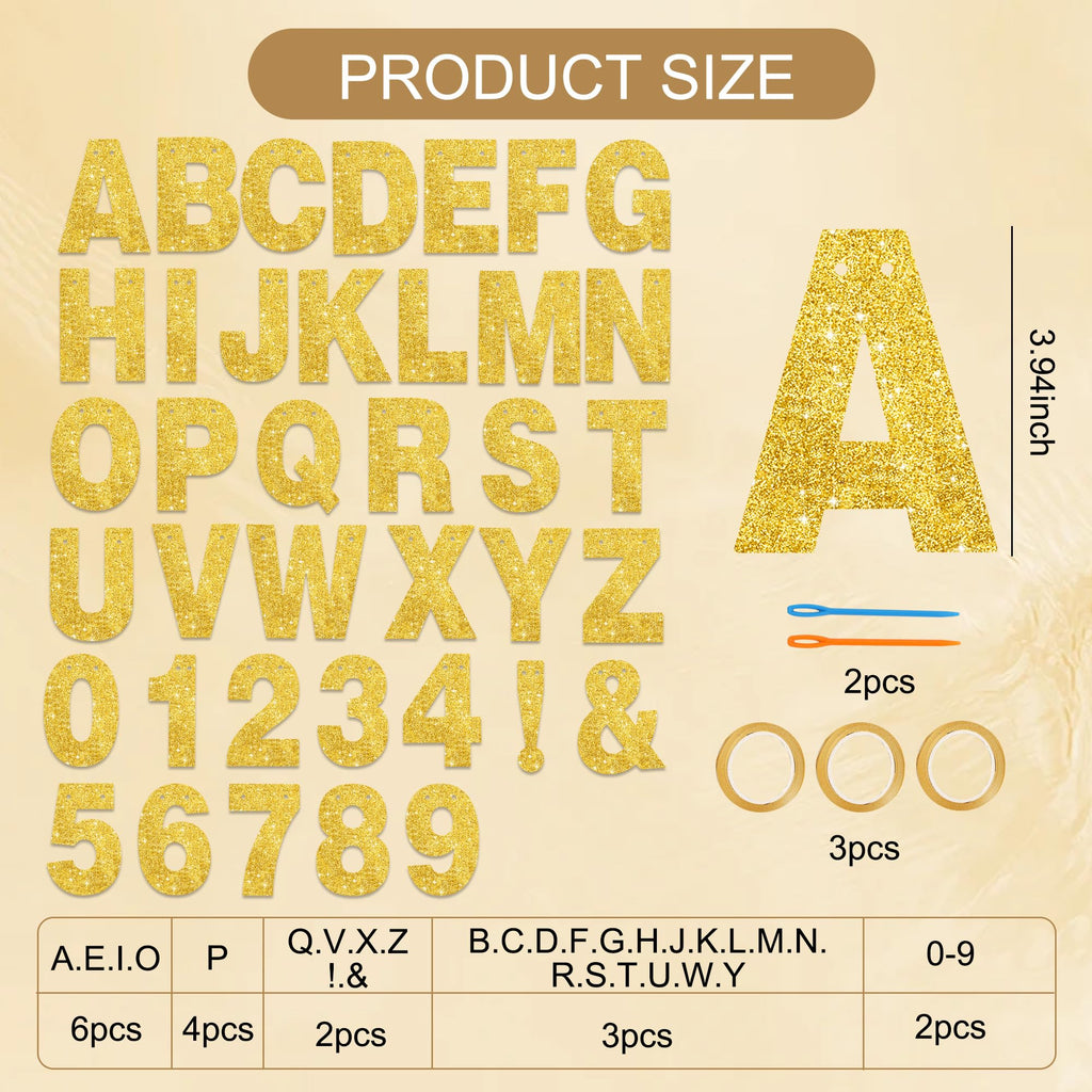BEISHIDA 116 PCS A-Z Glitter Gold DIY Letter Banner Kit — 111 Letters & Numbers, 3 Ropes, 2 Threading Devices