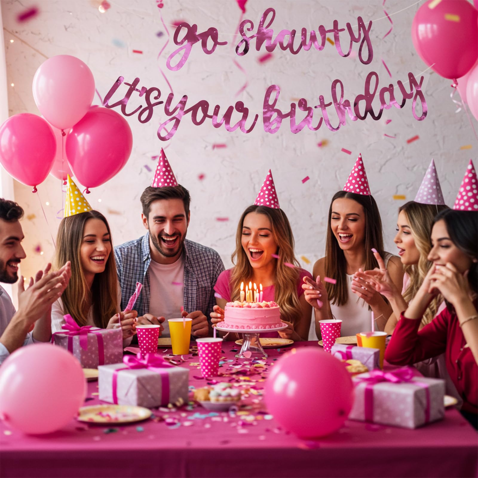 BEISHIDA Double-Sided Pink Go Shawty Birthday Banner – Pre-Strung 11.4ft Glitter Hip Hop Theme