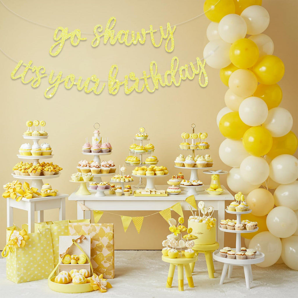 BEISHIDA Glitter Light Yellow Go Shawty Birthday Banner – 11.4ft, Pre-Strung, NO-DIY