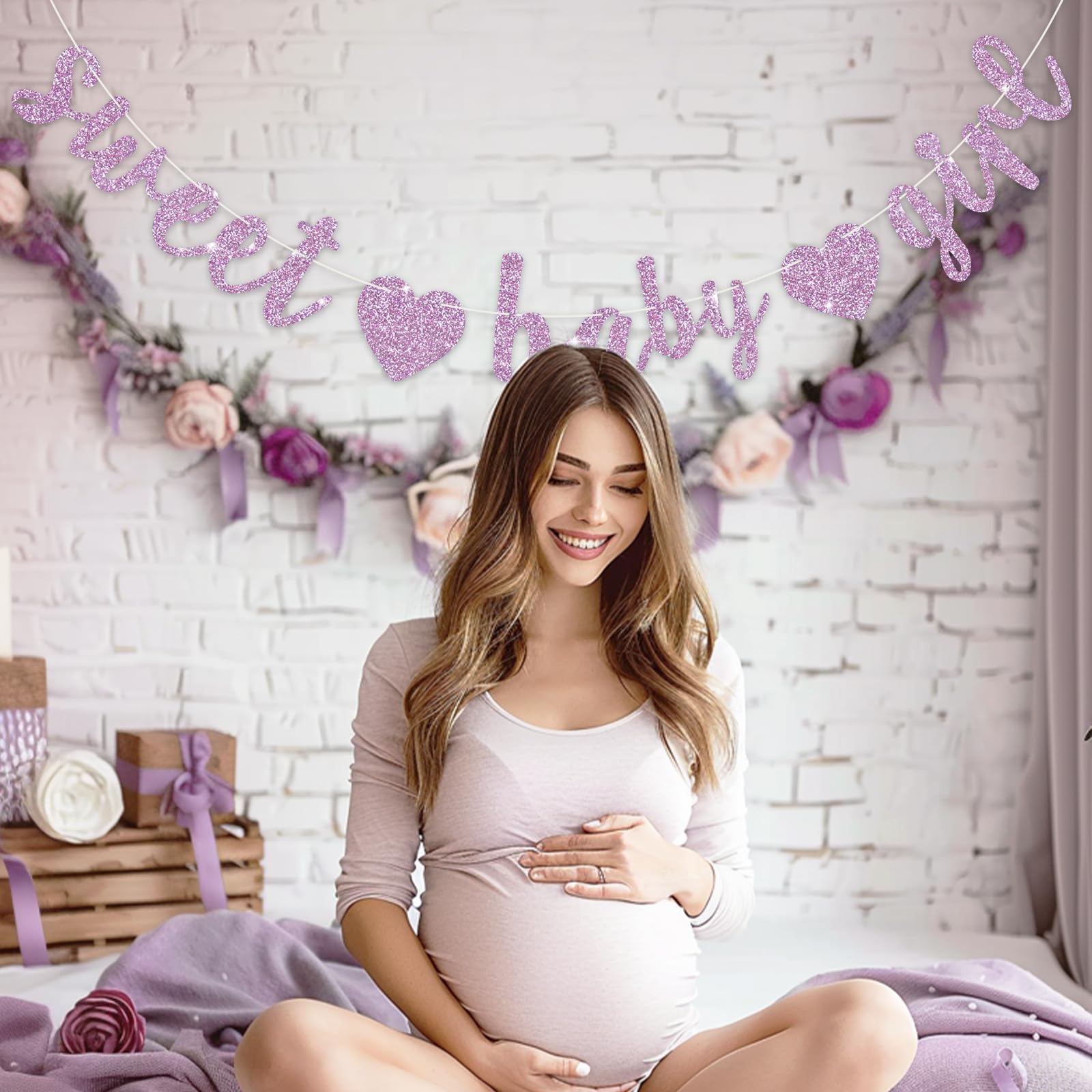 BEISHIDA Light Purple Glitter Girl Baby Banner – Pre-Strung, No DIY, Ready to Hang
