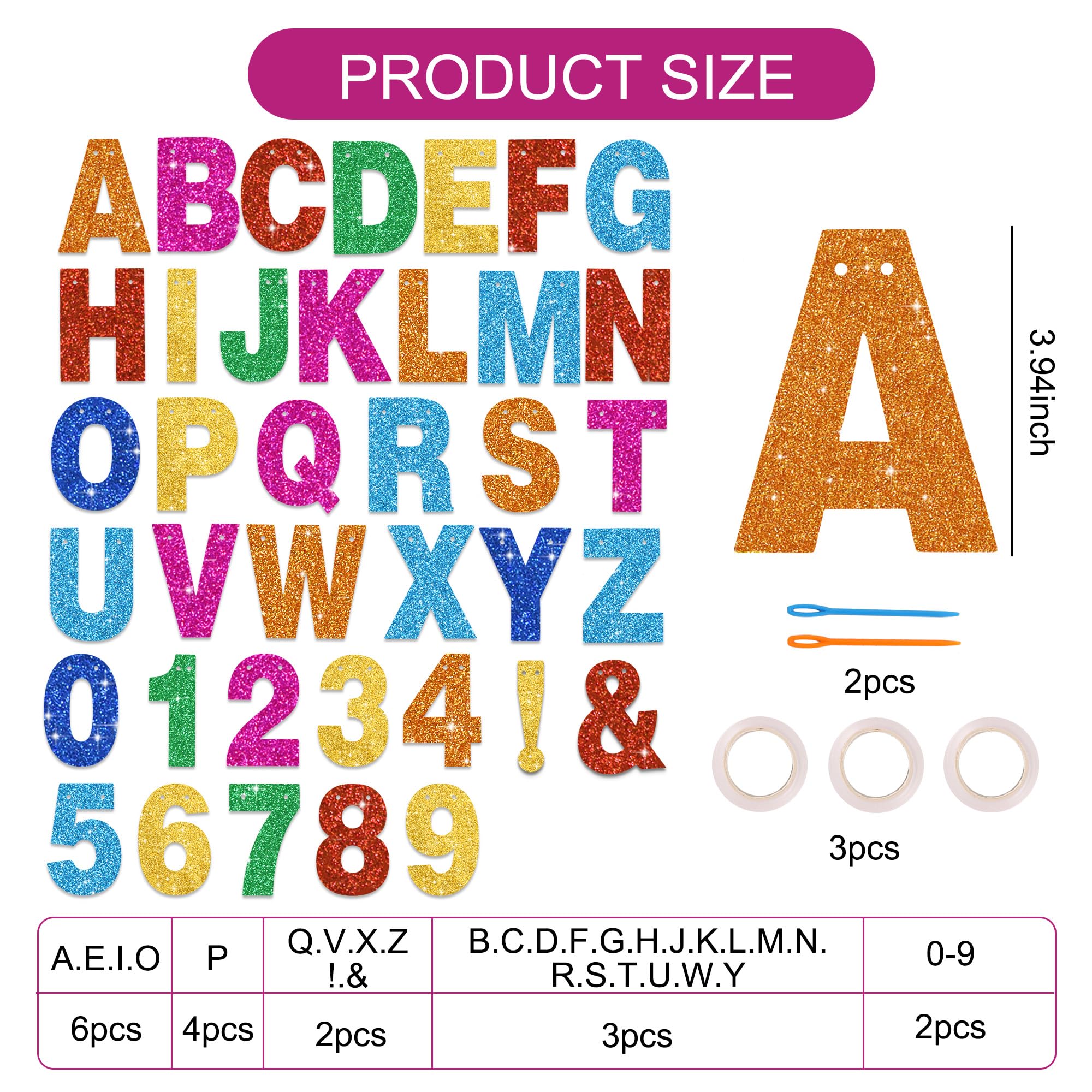 BEISHIDA 116 PCS A-Z Glitter Colorful DIY Letter Banner Kit – 111 Letters & Numbers, 3 Ropes, 2 Threading Devices