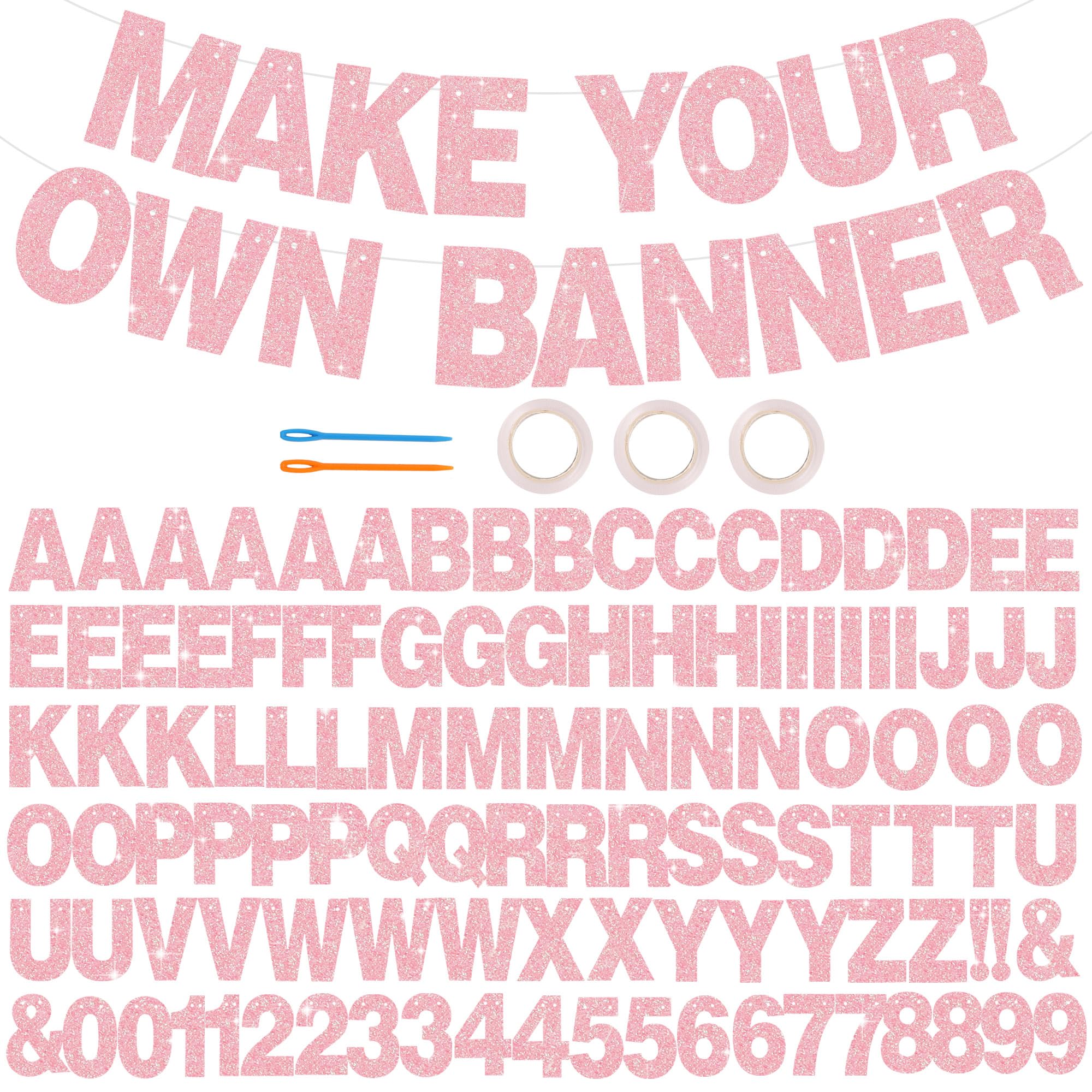 BEISHIDA Glitter Dark Pink DIY Letter Banner Kit – 111 Letters & Numbers, 3 Ropes, 2 Threading Devices