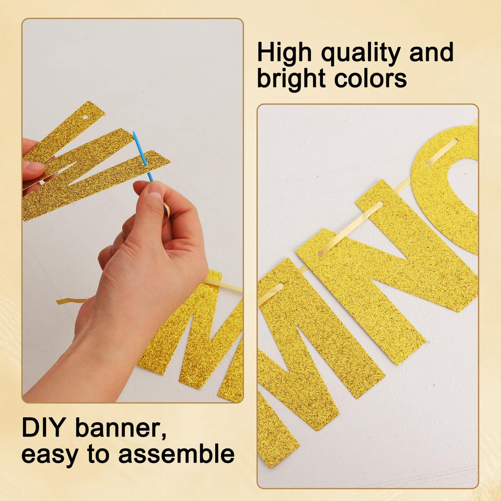 BEISHIDA 116 PCS A-Z Glitter Gold DIY Letter Banner Kit — 111 Letters & Numbers, 3 Ropes, 2 Threading Devices