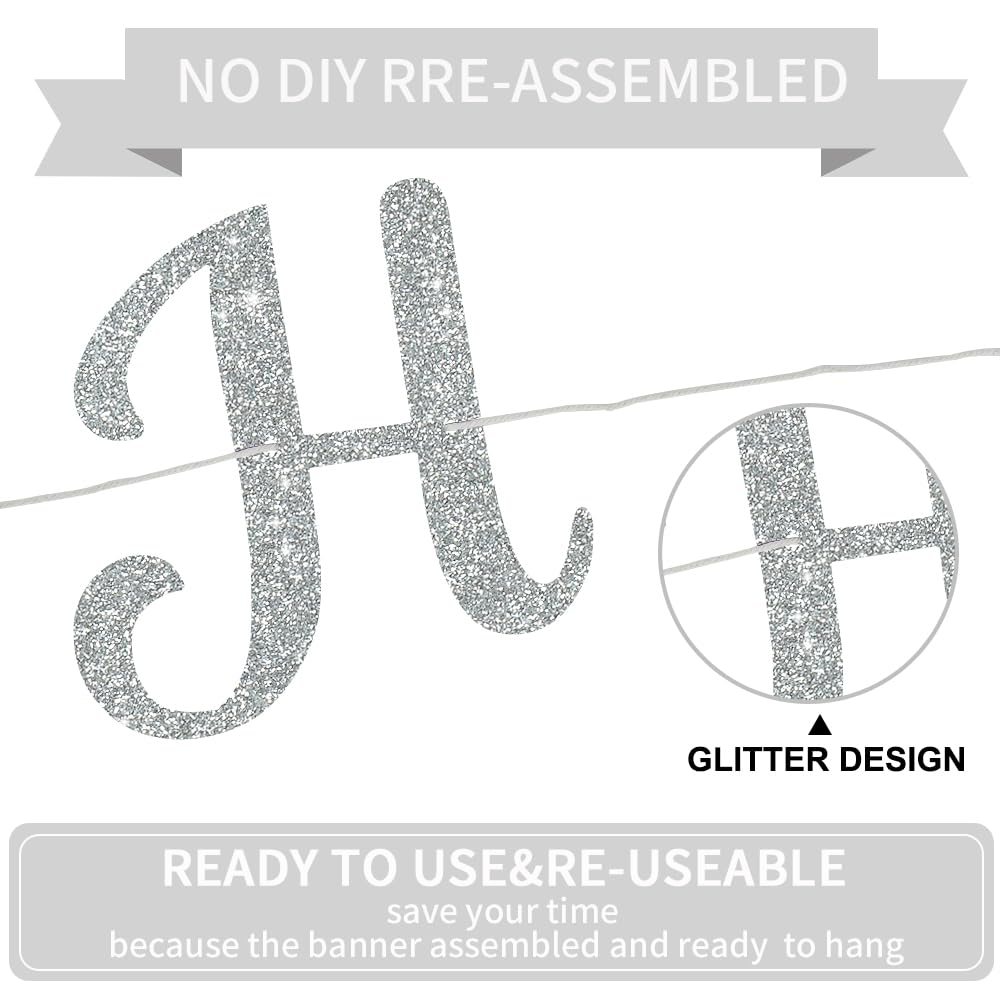 BEISHIDA Glitter Happy Engagement Banner - Pre-Strung Silver Party Decor