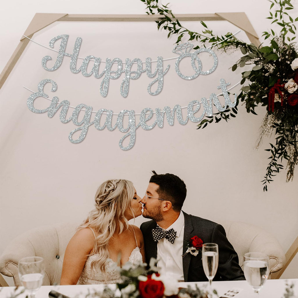 BEISHIDA Glitter Happy Engagement Banner - Pre-Strung Silver Party Decor