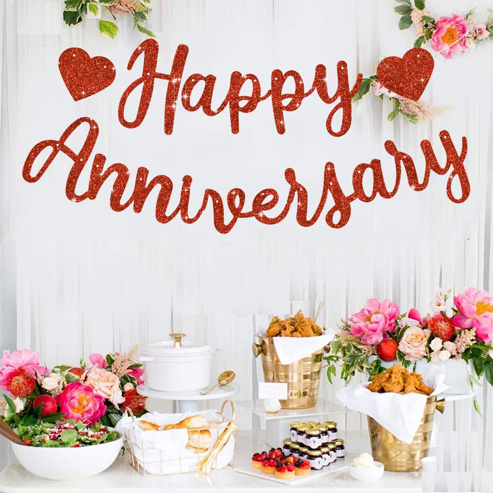 BEISHIDA Glitter Red Happy Anniversary Banner – Pre-Strung NO DIY Garland