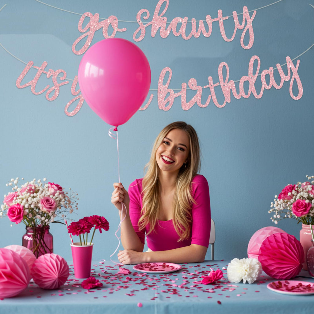 BEISHIDA Dark Pink Go Shawty Banner - Pre-Strung Glitter Birthday Sign 11.4ft