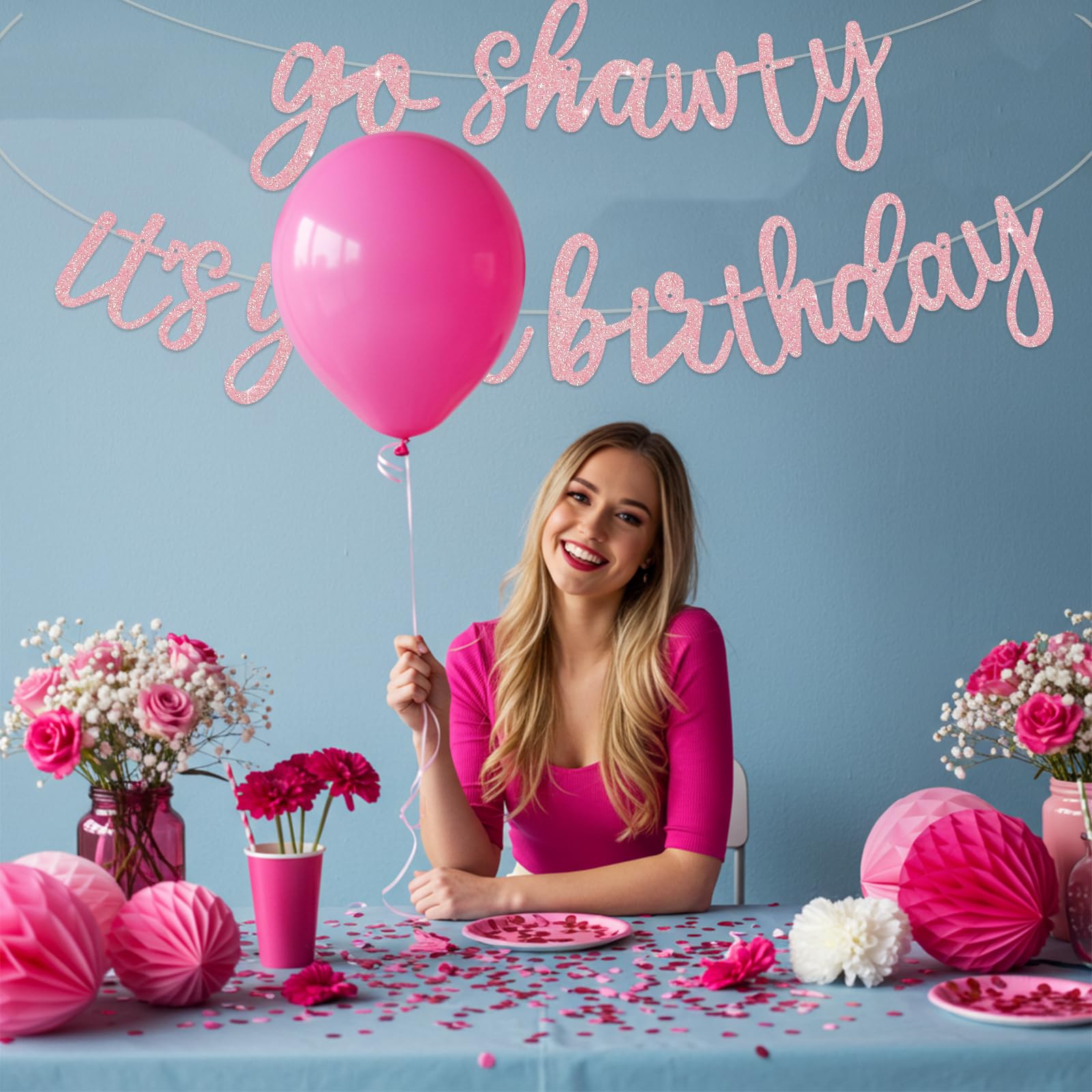 BEISHIDA Dark Pink Go Shawty Banner - Pre-Strung Glitter Birthday Sign 11.4ft