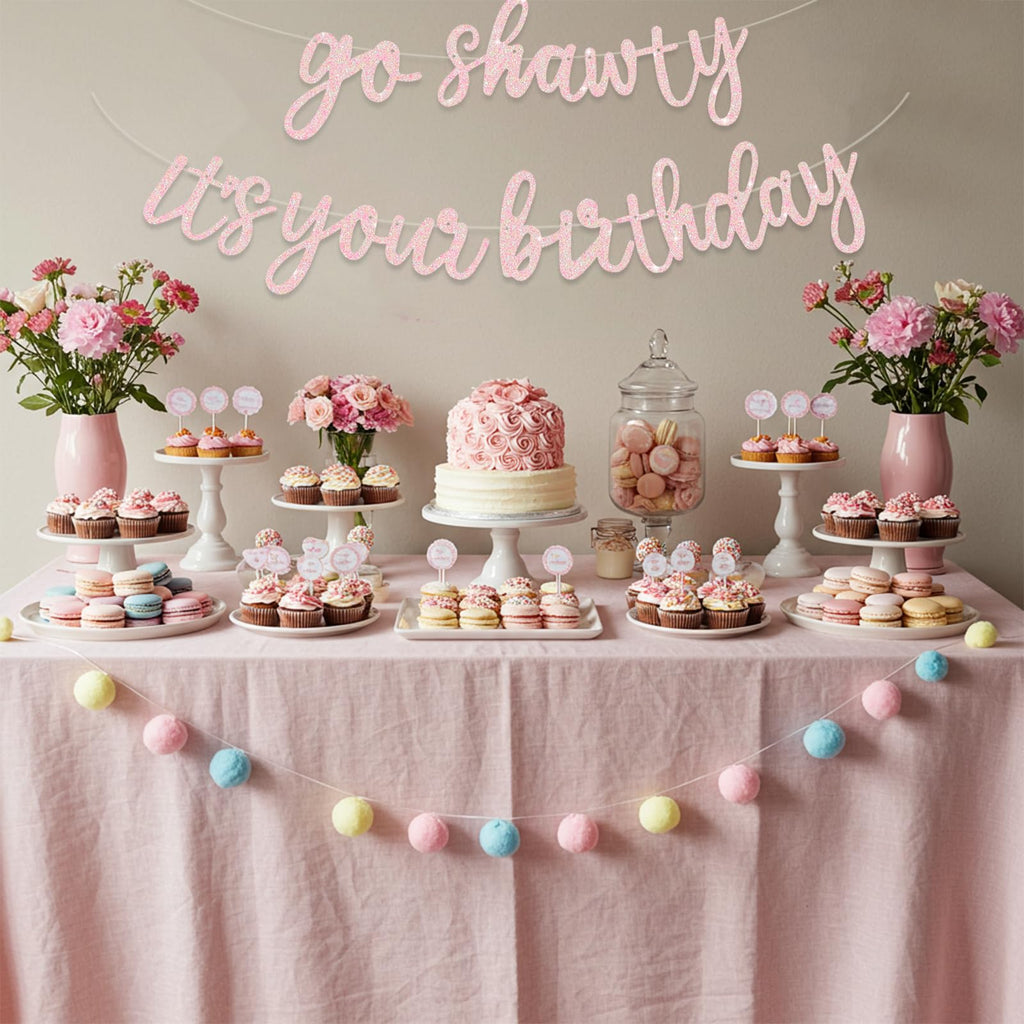 BEISHIDA Light Pink Go Shawty It's Your Birthday Banner – 11.4ft, Pre-Strung Glitter Hip Hop Theme
