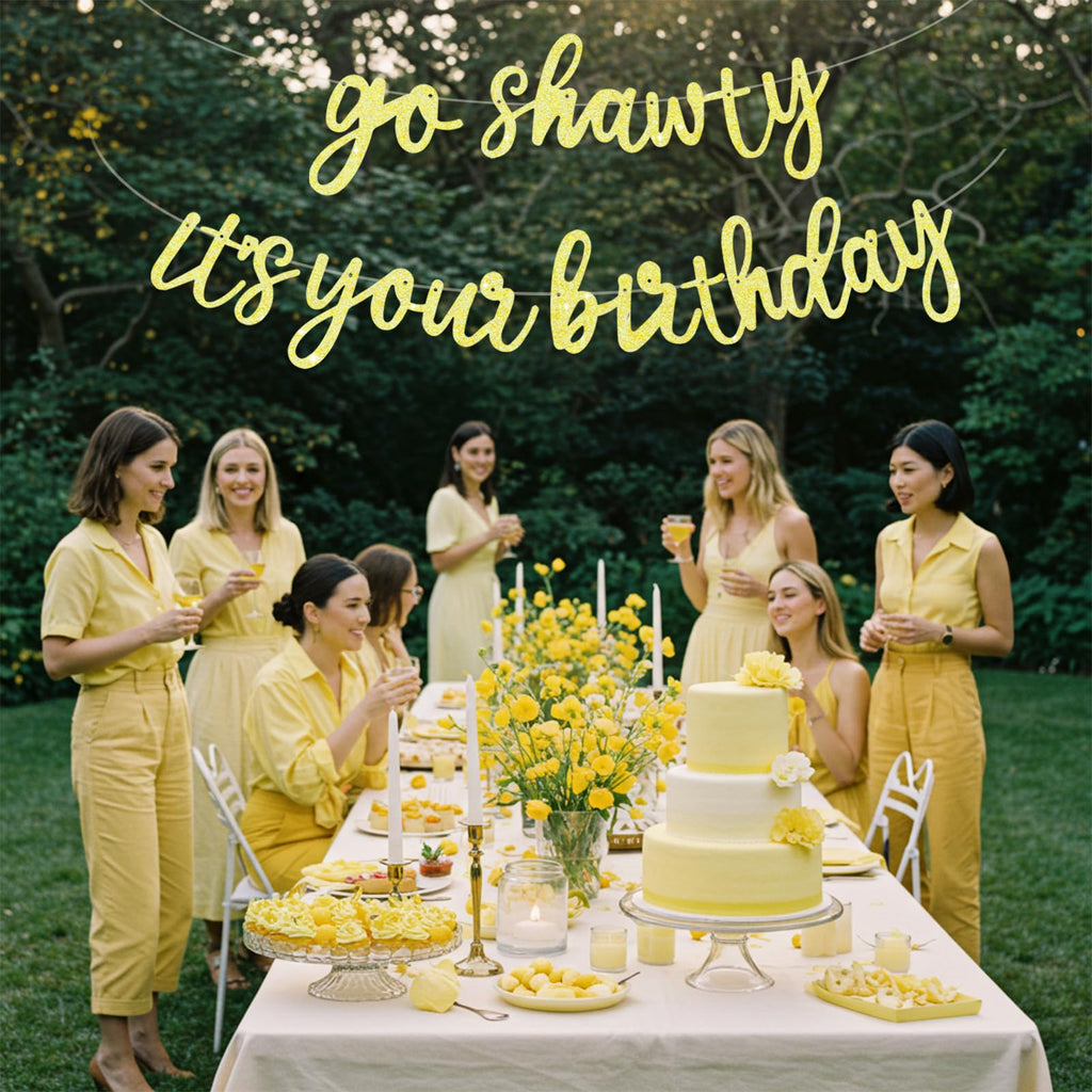 BEISHIDA Glitter Light Yellow Go Shawty Birthday Banner – 11.4ft, Pre-Strung, NO-DIY