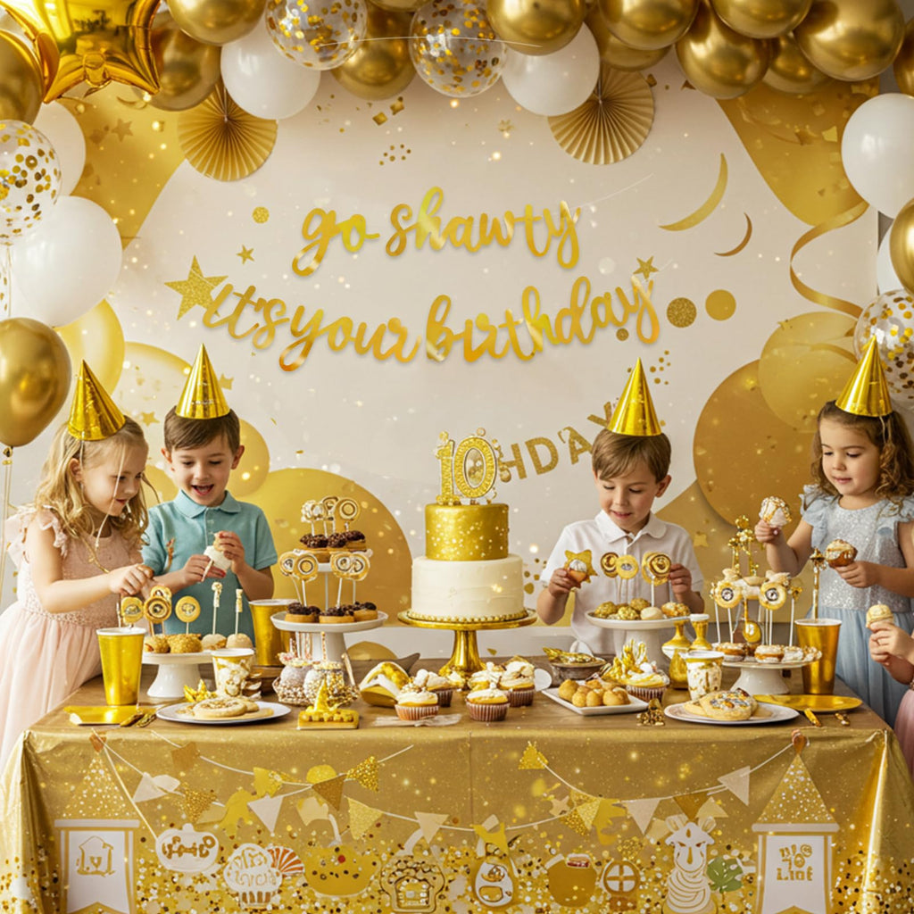 BEISHIDA Double-Sided Gold Go Shawty Birthday Banner, 11.4ft, Pre-Strung Glitter Party Sign