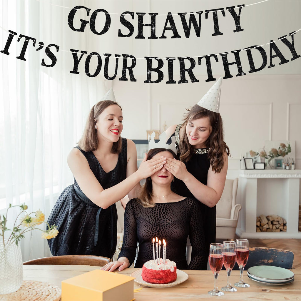 BEISHIDA Black Go Shawty Birthday Banner - Pre-Strung Glitter Hip Hop Decor (No DIY)
