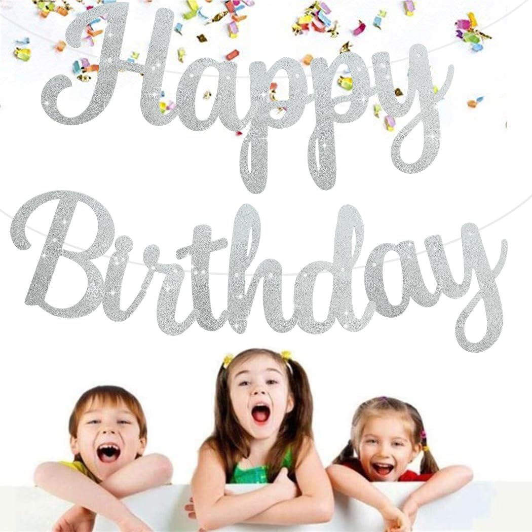 BEISHIDA Silver Glitter Birthday Banner - No DIY, 10 Feet, Pre-Strung Backdrop