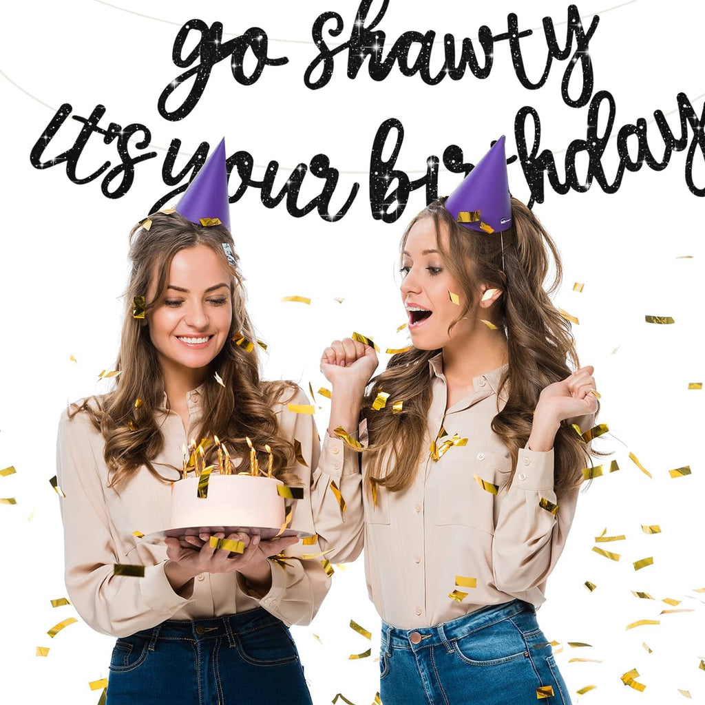 BEISHIDA Black Go Shawty Birthday Banner - Pre-Strung 11.4ft Hip Hop Glitter