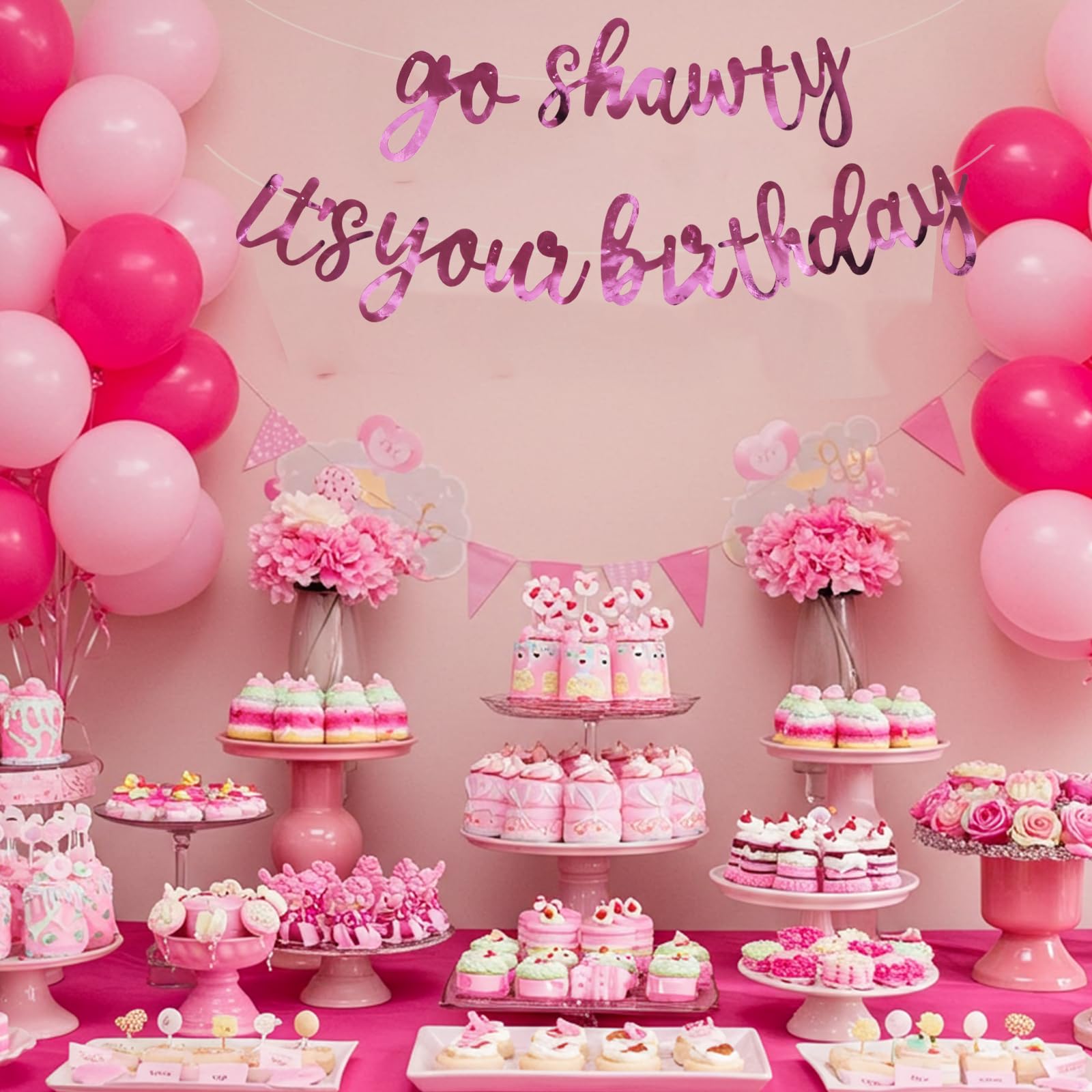 BEISHIDA Double-Sided Pink Go Shawty Birthday Banner – Pre-Strung 11.4ft Glitter Hip Hop Theme