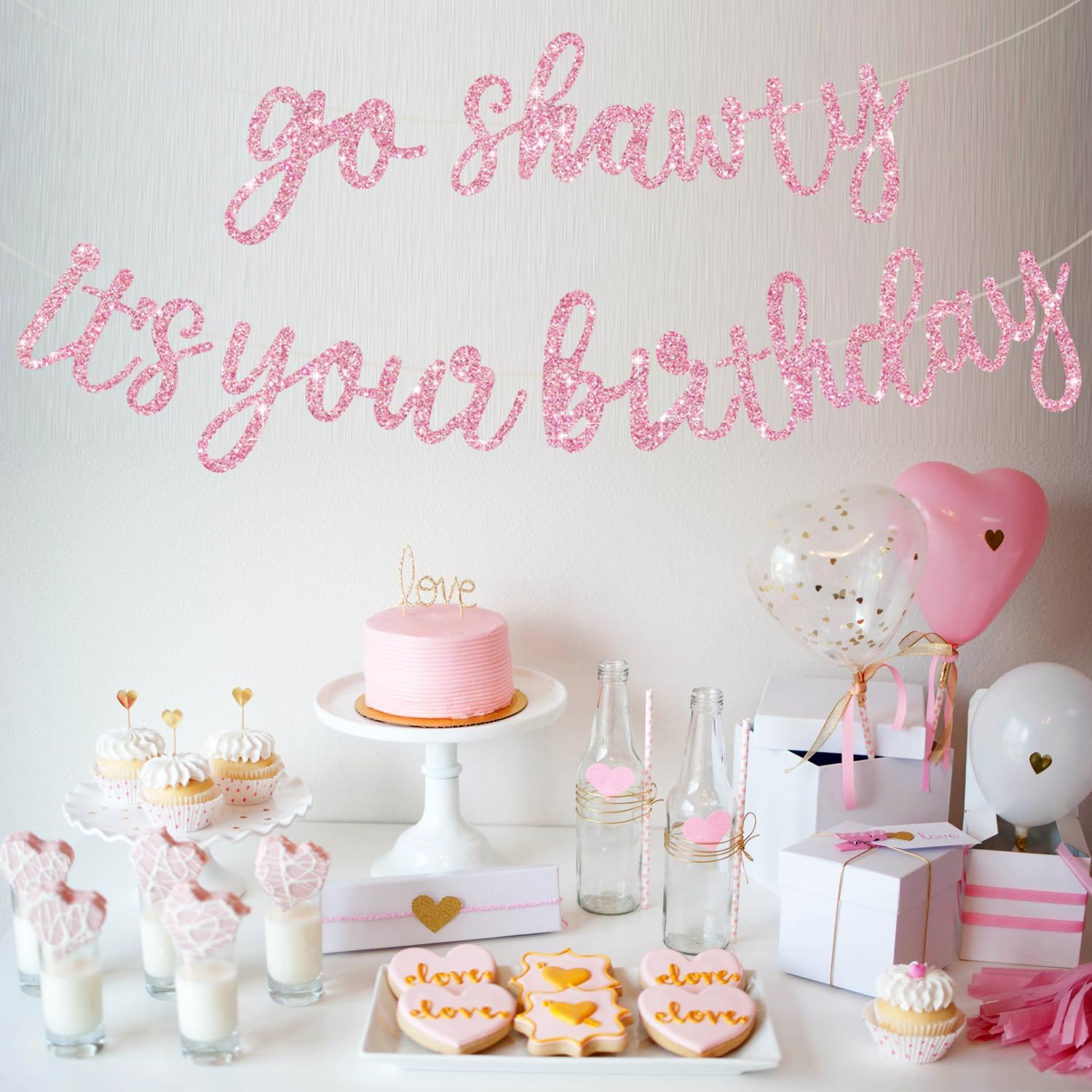 BEISHIDA Pink Go Shawty It's Your Birthday Banner - NO DIY Pre-Strung Hip Hop Glitter Birthday Sign