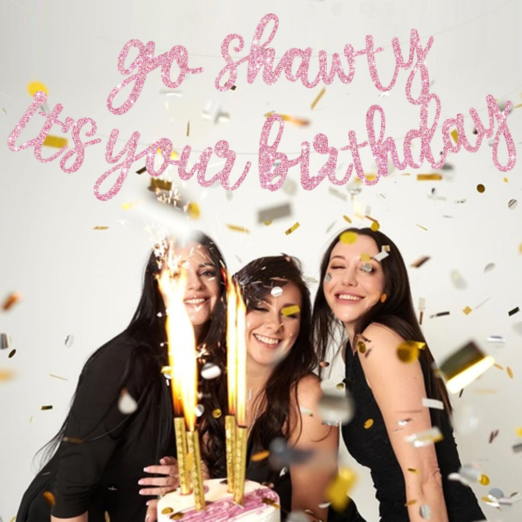 BEISHIDA Pink Go Shawty It's Your Birthday Banner - NO DIY Pre-Strung Hip Hop Glitter Birthday Sign