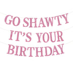 BEISHIDA Pink Go Shawty Birthday Banner - Pre-Strung Glitter Happy Birthday Decor (Hip Hop Theme)