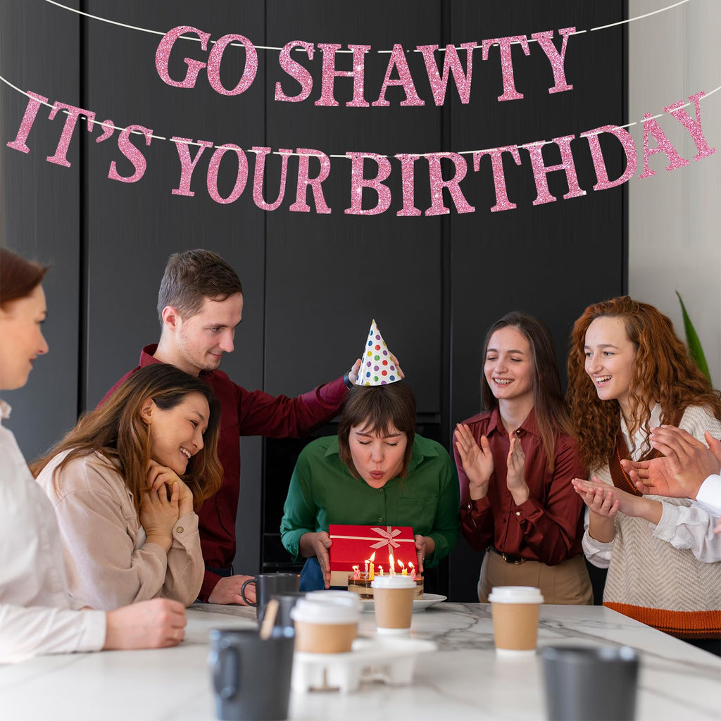 BEISHIDA Pink Go Shawty Birthday Banner - Pre-Strung Glitter Happy Birthday Decor (Hip Hop Theme)