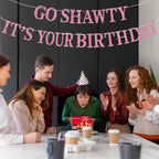 BEISHIDA Pink Go Shawty Birthday Banner - Pre-Strung Glitter Happy Birthday Decor (Hip Hop Theme)