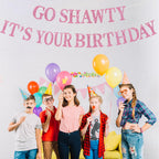 BEISHIDA Pink Go Shawty Birthday Banner - Pre-Strung Glitter Happy Birthday Decor (Hip Hop Theme)