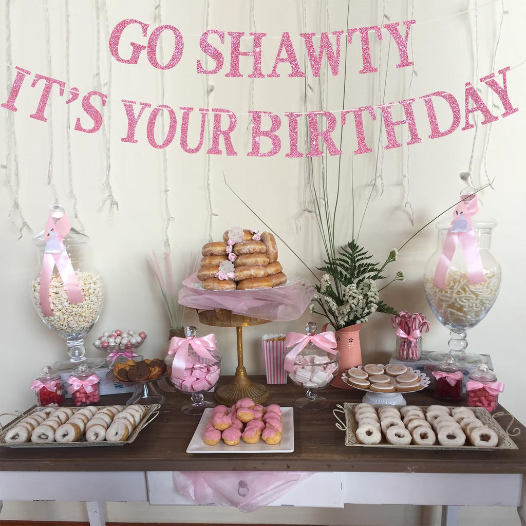 BEISHIDA Pink Go Shawty Birthday Banner - Pre-Strung Glitter Happy Birthday Decor (Hip Hop Theme)